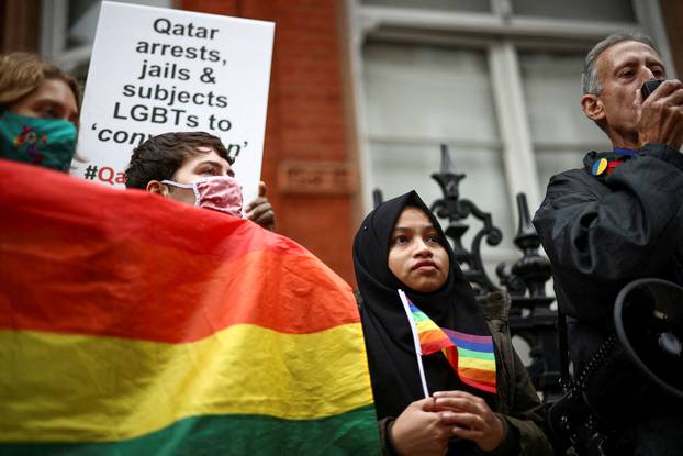 LGBTQ+ protest ahead of World Cup outside Qatar embassy in London