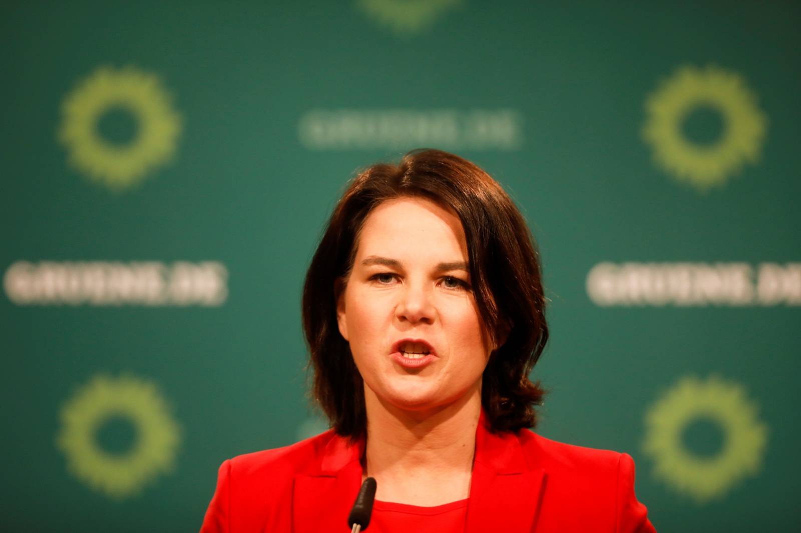 Annalena Baerbock, Germany's Green party co-leader speaks on a news conference in Berlin