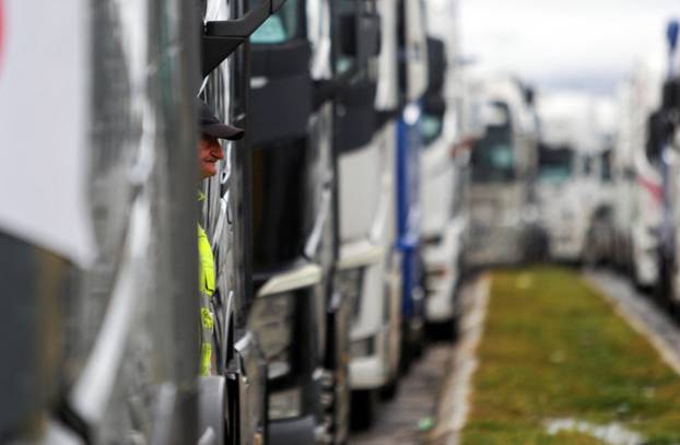 Protest by truck drivers and transport union representatives over disruptions linked to the European Union's new Entry-Exit System, in Gevgelija