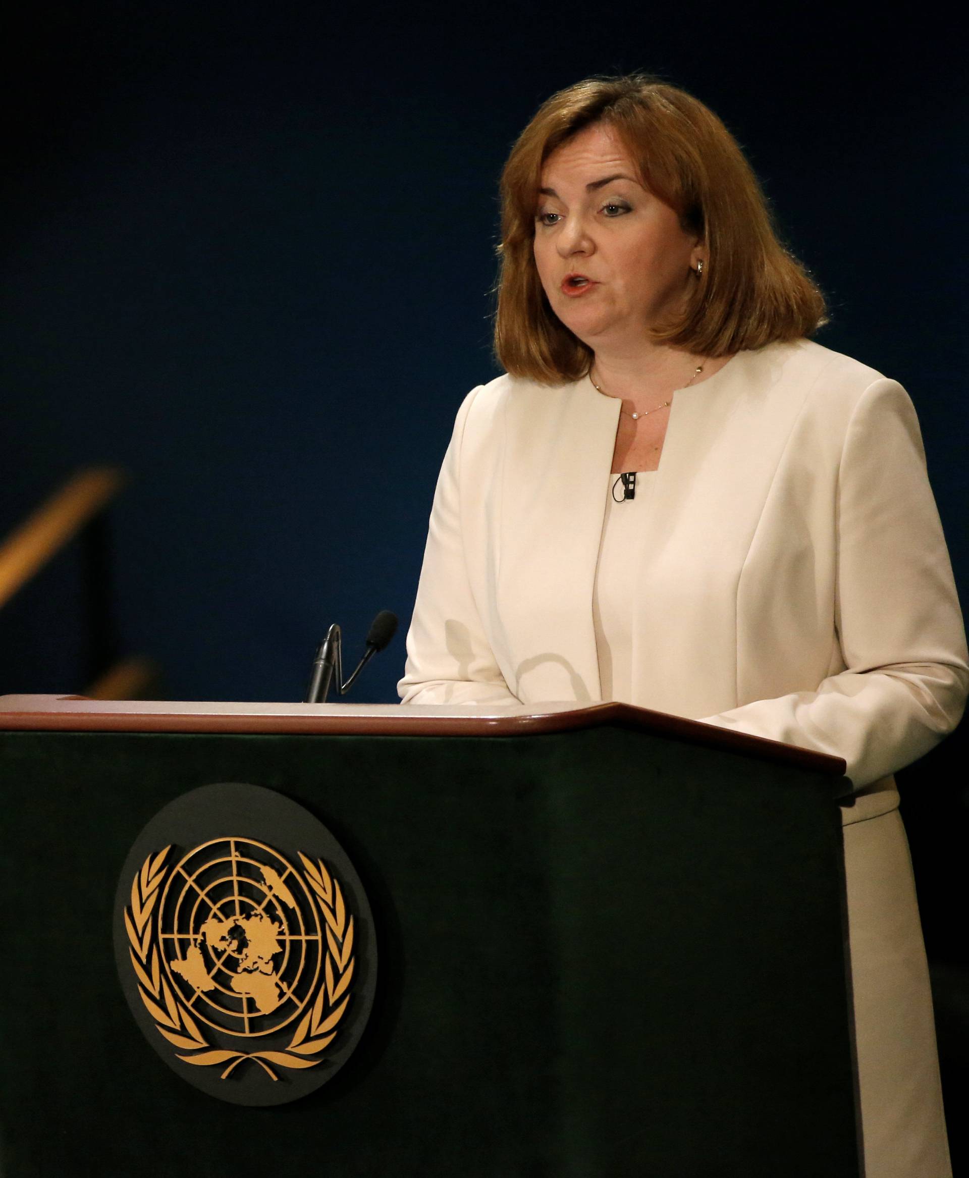 Moldova's former Foreign Minister Natalia Gherman speaks during a debate in the United Nations General Assembly between candidates vying to be the next U.N. Secretary General at U.N. headquarters in New York