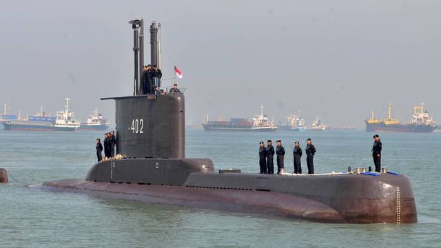 Indonesian Navy personnel are seen on the submarine KRI Nanggala-402 as they arrive in Surabaya