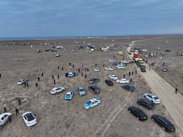 A drone view shows the crash site of a passenger plane near Aktau