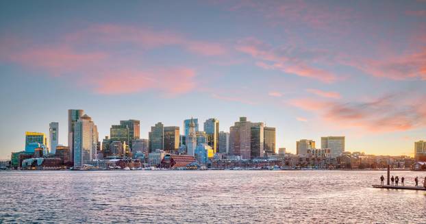 Panorama view of Boston skyline with skyscrapers at twilight in 