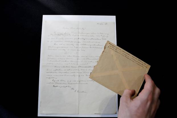 A letter written by Albert Einstein in 1928 is seen before it is sold at an auction in Jerusalem