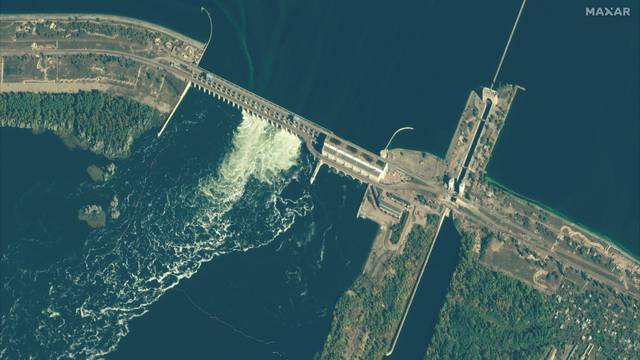 Satellite image shows the Kakhovka dam on the Dnipro River in Ukraine