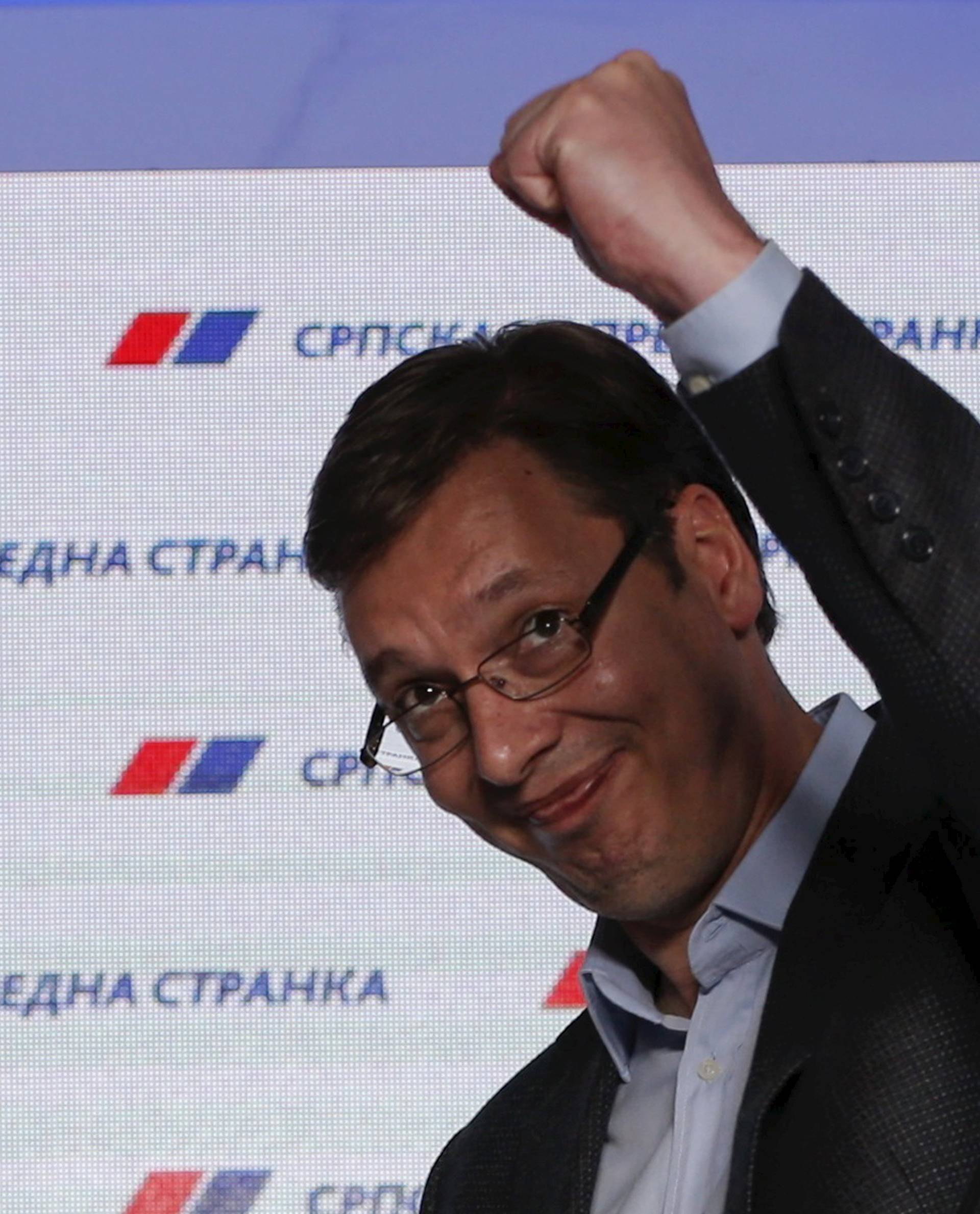 Serbian Prime Minister and leader of the Serbian Progressive Party  Vucic reacts after elections in Belgrade