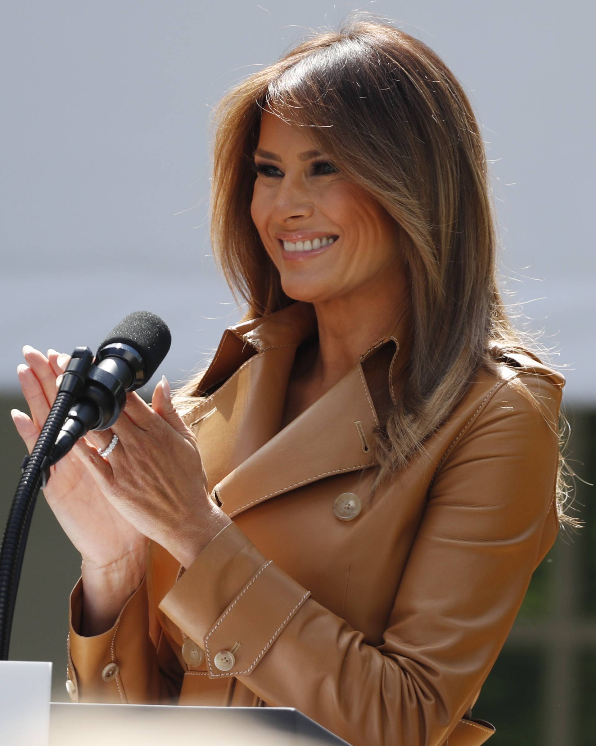 Melania Trump delivers remarks at the "launch of her initiatives" as first lady at the White House in Washington