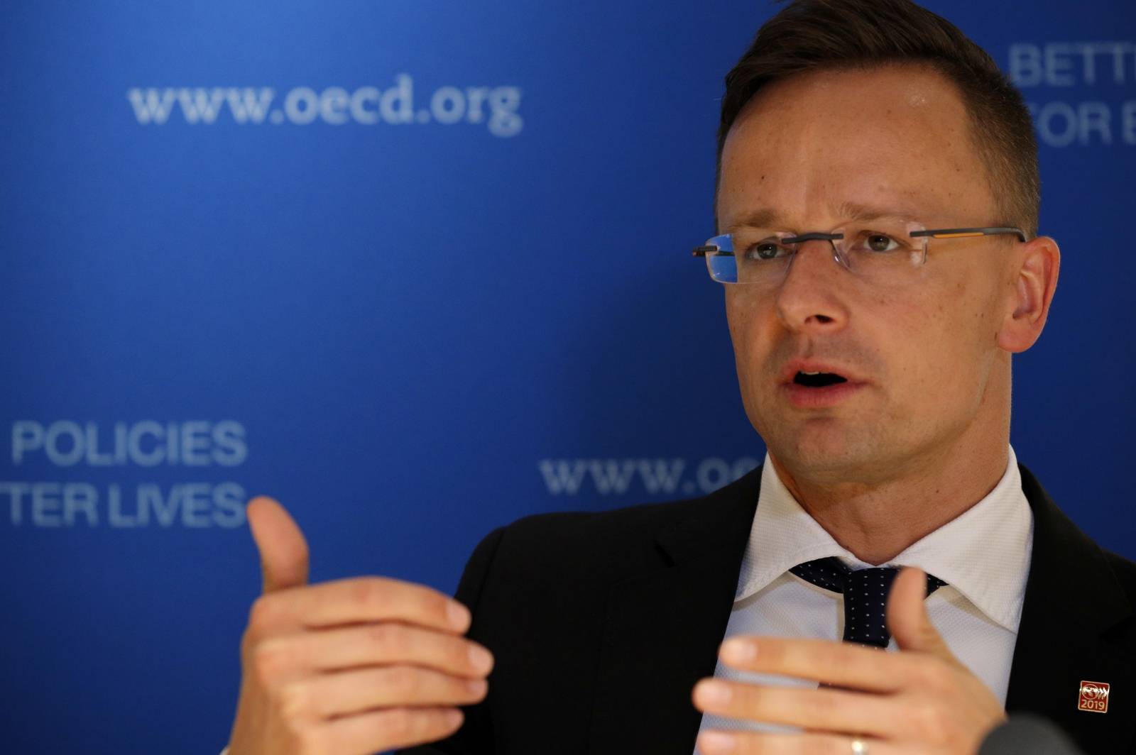 Hungarian foreign minister Peter Szijjarto speaks to Reuters days before the European elections at the OECD headquarters in Paris