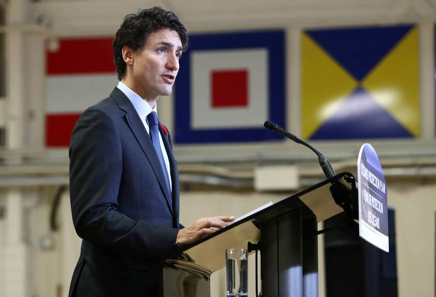 Canada's Prime Minister Justin Trudeau announces a $1.5 billion national Oceans Protection Plan while speaking at HMCS Discovery in Vancouver