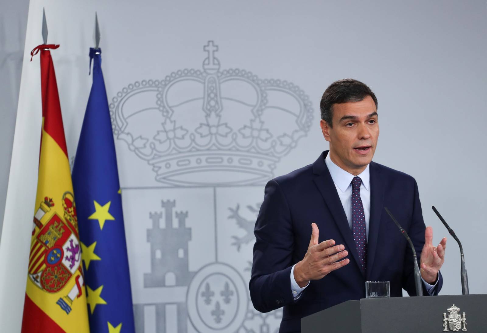 Spain's acting Prime Minister Pedro Sanchez delivers a statement after Spain's Supreme Court announcement on the verdict in the high stakes trial of Catalan separatist leaders over a banned independence referendum at Moncloa Palace in Madrid