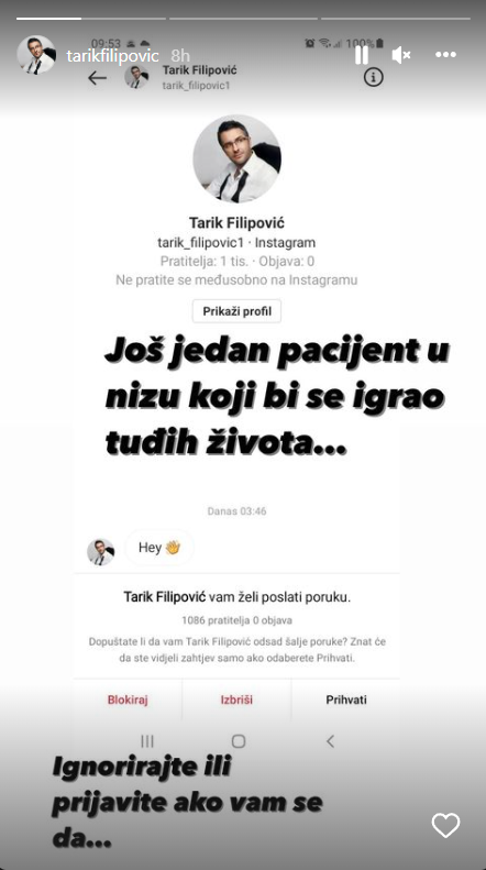 Tarik upozorio na prevaru na Instagramu: 'Još jedan pacijent koji bi se igrao tuđih života'