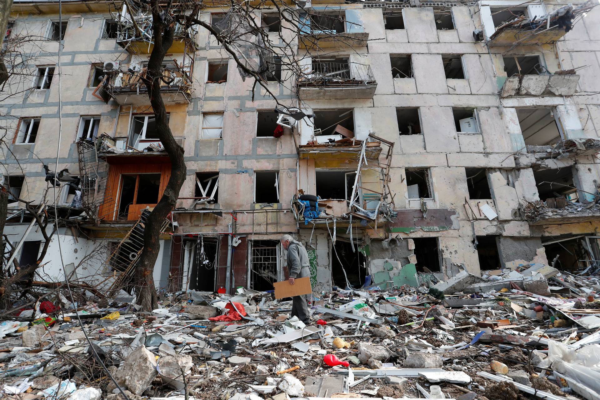 A view shows a destroyed building in Mariupol