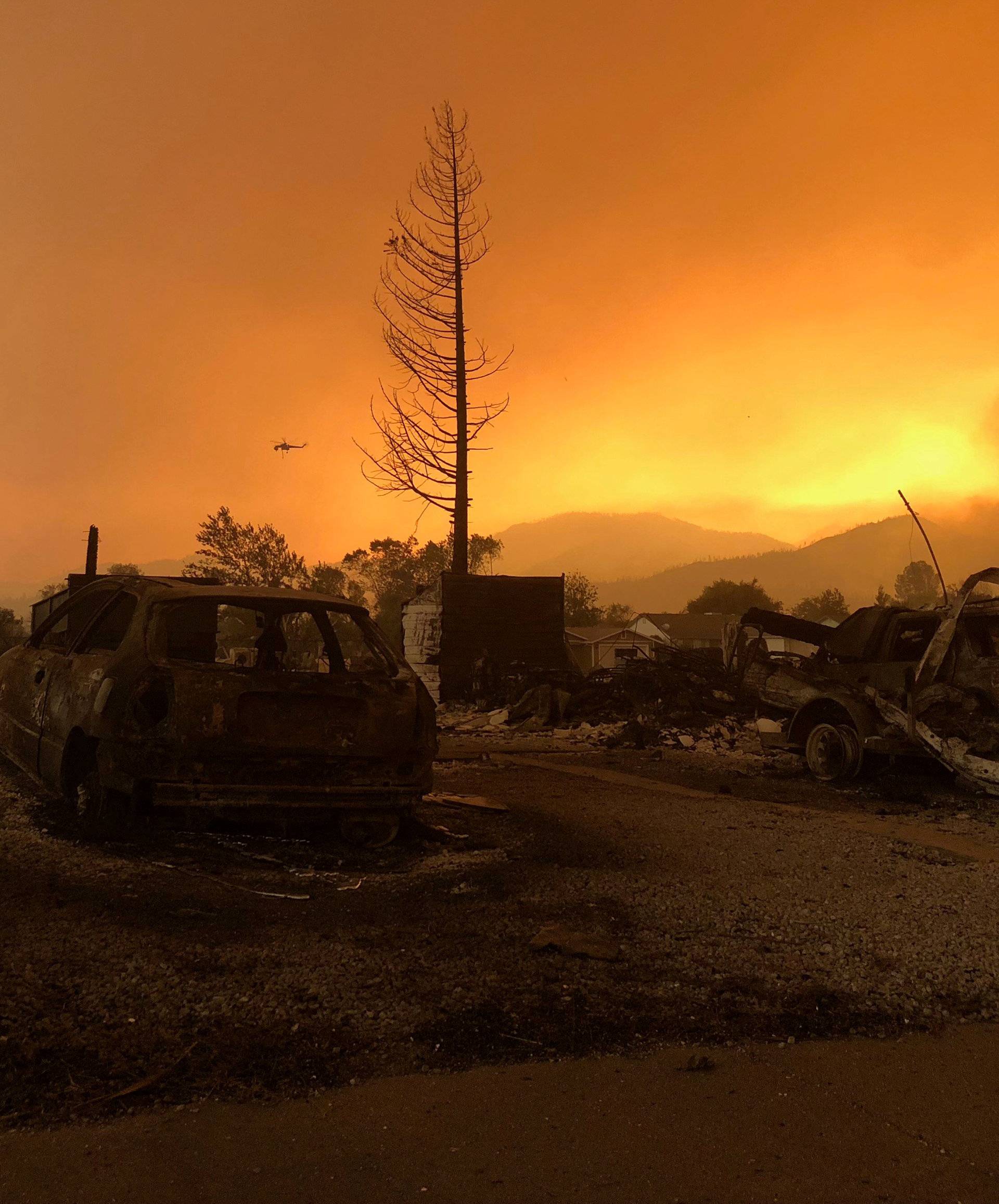 A blackened landscape is shown from wildfire damage near Keswick, California