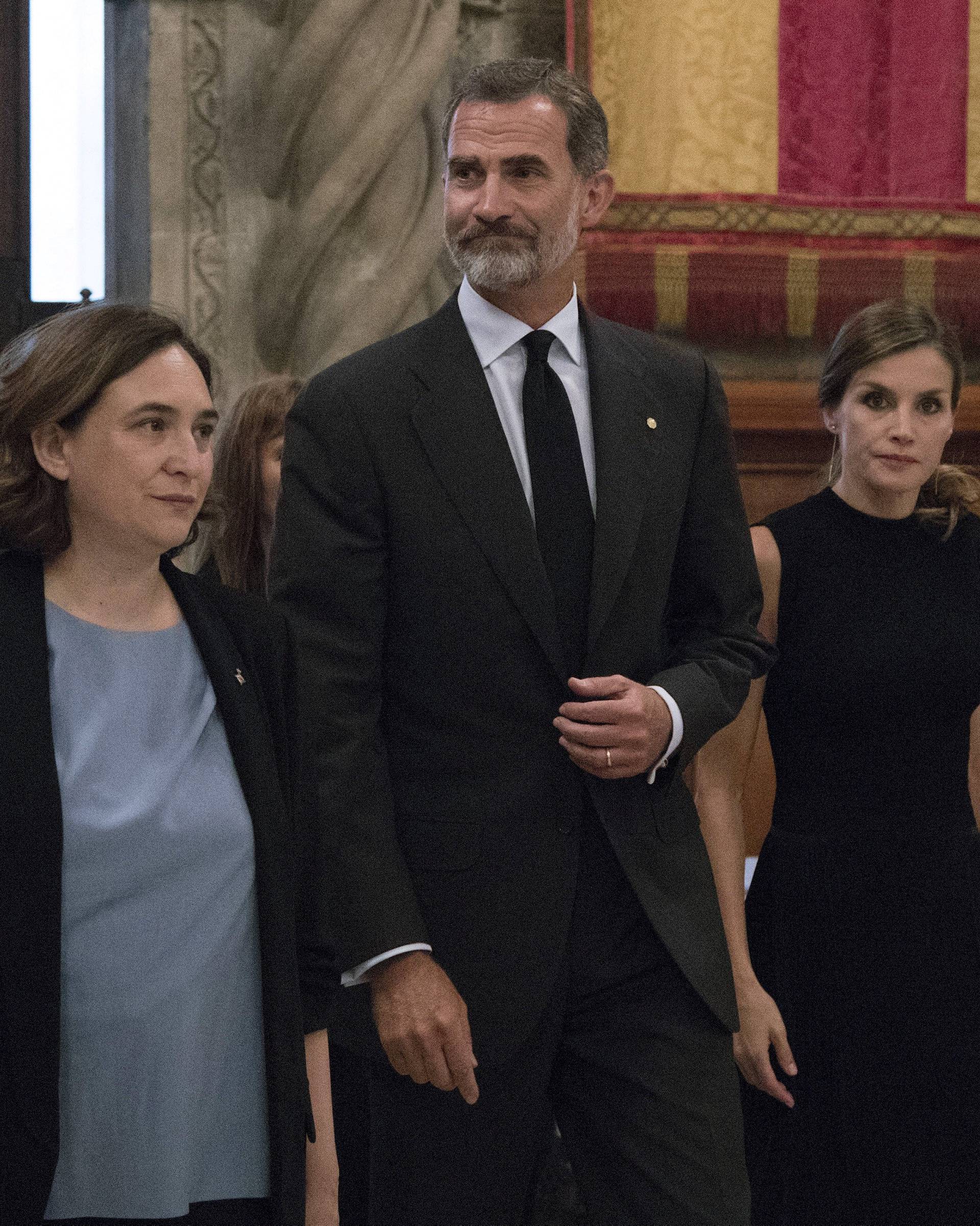 King Felipe of Spain with his wife Letizia arrive and Barcelona's Mayor Ada Colau to a High mass celebrated in memory of the victims of the van attack at Las Ramblas earlier this week, at the Basilica of the Sagrada Familia in Barcelona