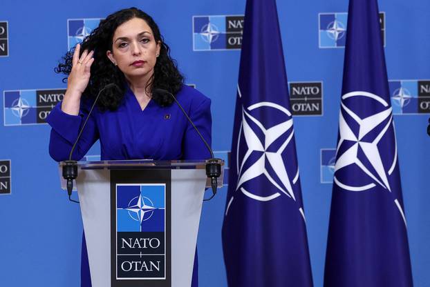 Kosovo President Vjosa Osmani-Sadriu attends a press conference at NATO headquarters in Brussels,