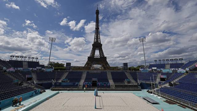 Paris 2024 Olympics - Olympics volleyball venue filled with sand at the base of the Eiffel Tower