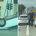 VIDEO Auto završio na krovu u Osijeku nakon sudara