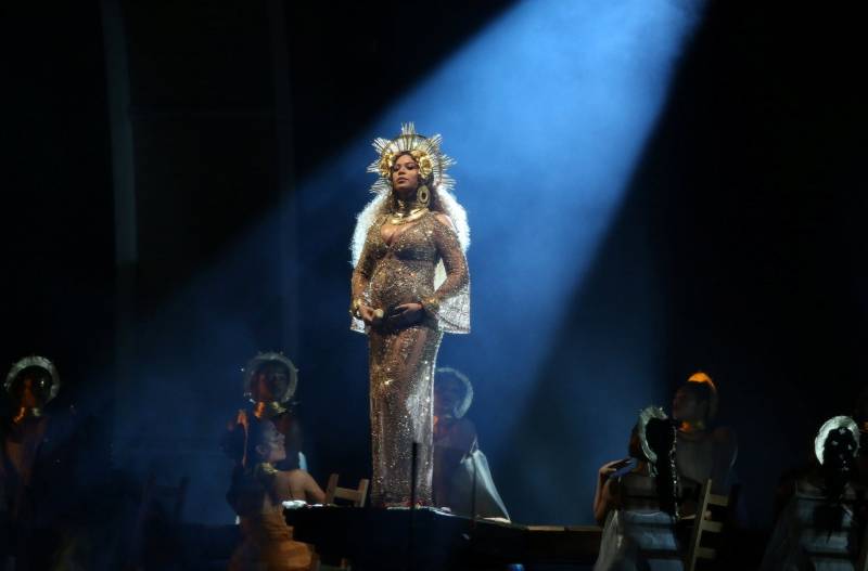 Beyonce performs at the 59th Annual Grammy Awards in Los Angeles