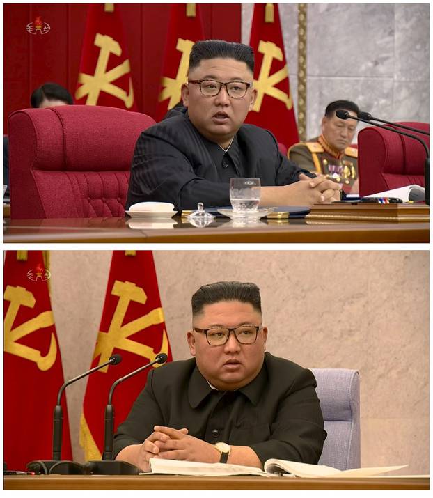 Combination photo of North Korean Leader Kim Jong Un speaking in Pyongyang