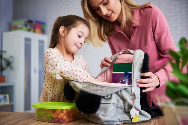 Young,Mum,And,Daughter,Packing,Backpack,For,The,School