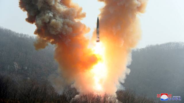 FILE PHOTO: View shows missile fired by North Korean military