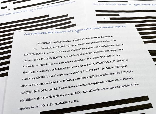 Afffidavit supporting the FBI search of former U.S. President Donald Trump's Mar-a-Lago estate is seen after being released by U.S. federal court in Florida