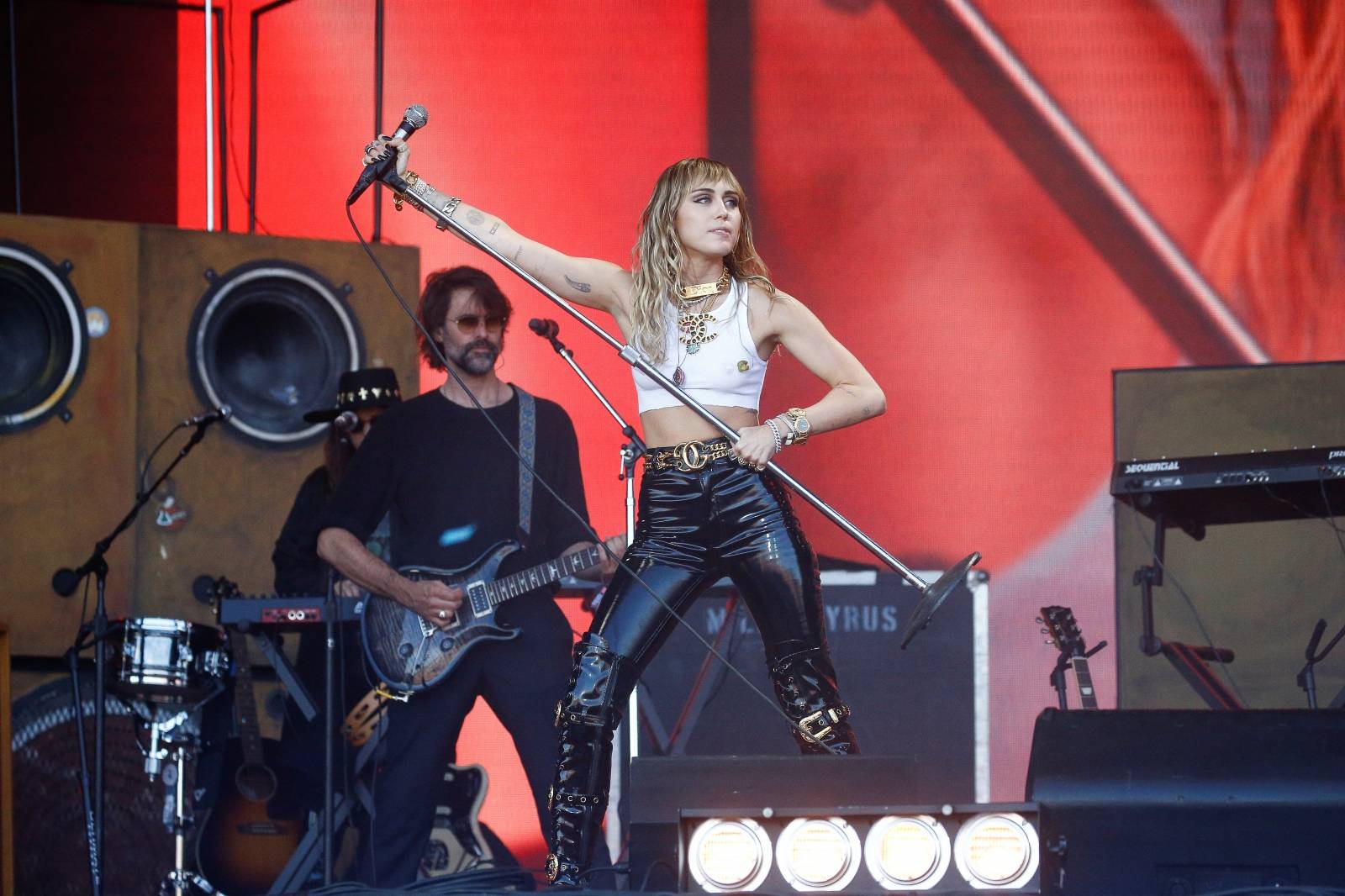 American singer Miley Cyrus performs on the Pyramid Stage during Glastonbury Festival in Somerset