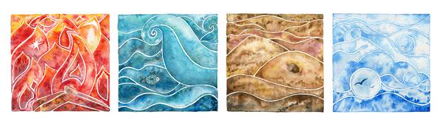 Four natural elements: fire, water, air and earth. Watercolor il