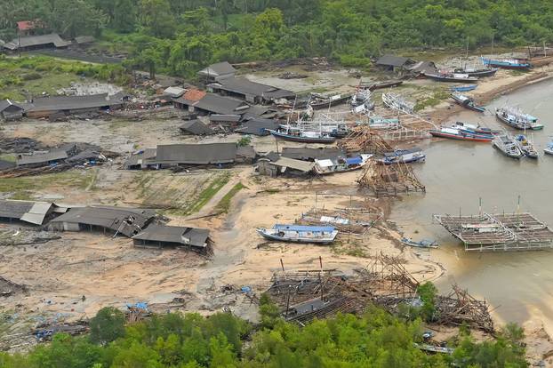 An aerial view of affected area after tsunami hit at coast of Pandeglang