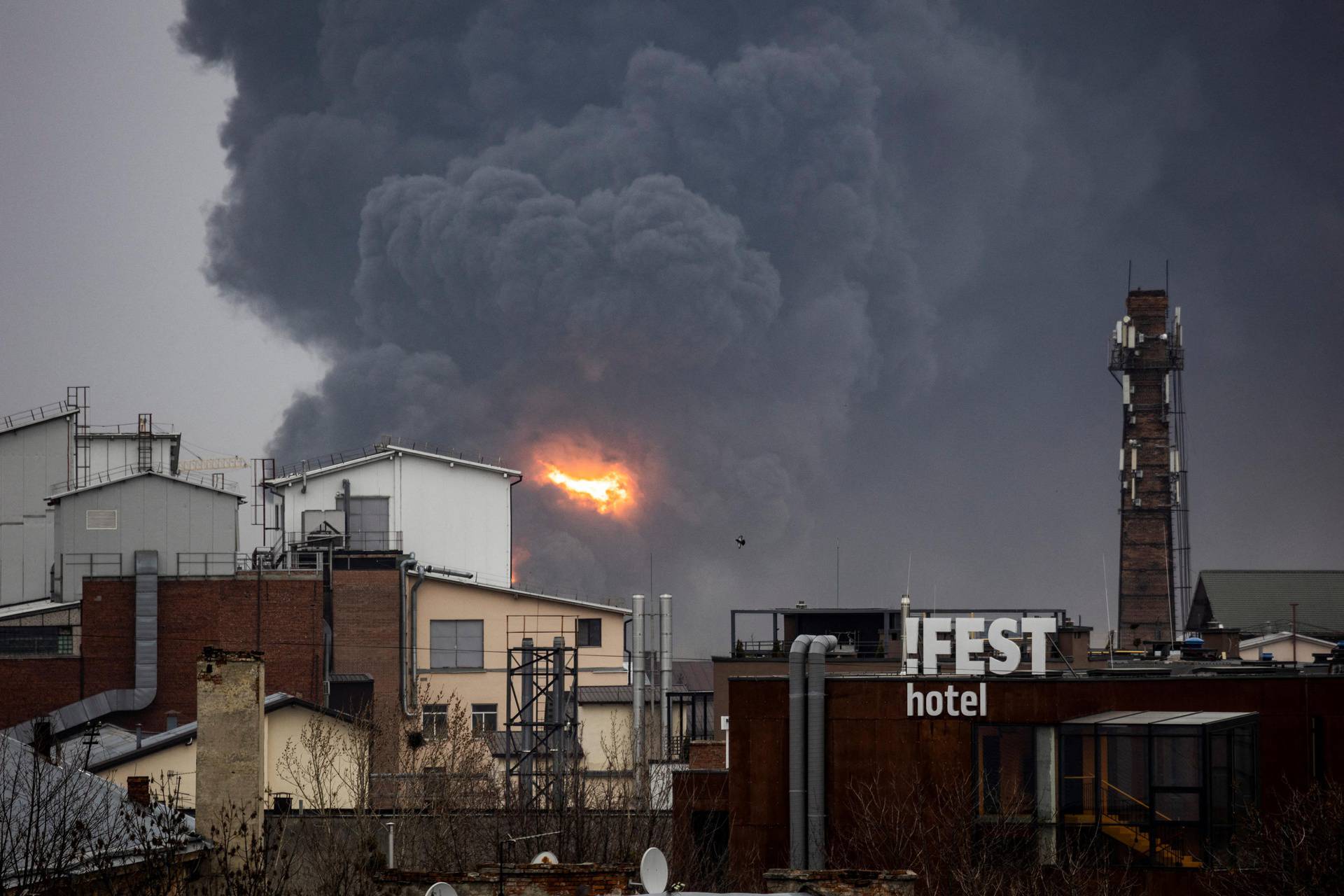 Smoke rises after an airstrike in Lviv