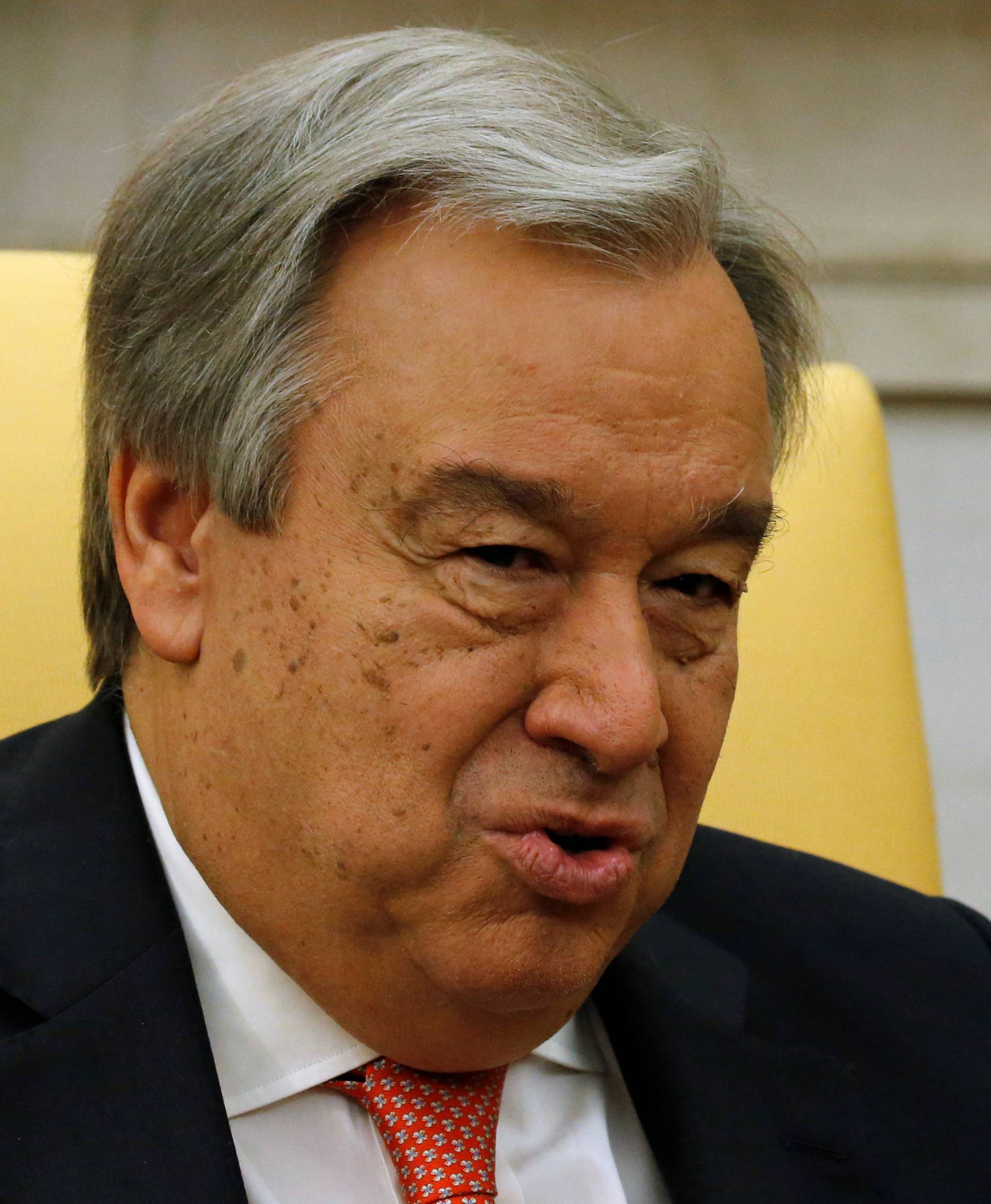 UN Secretary General Antonio Guterres delivers remarks to reporters before his meeting with U.S. President Donald Trump in the Oval Office at the White House in Washington