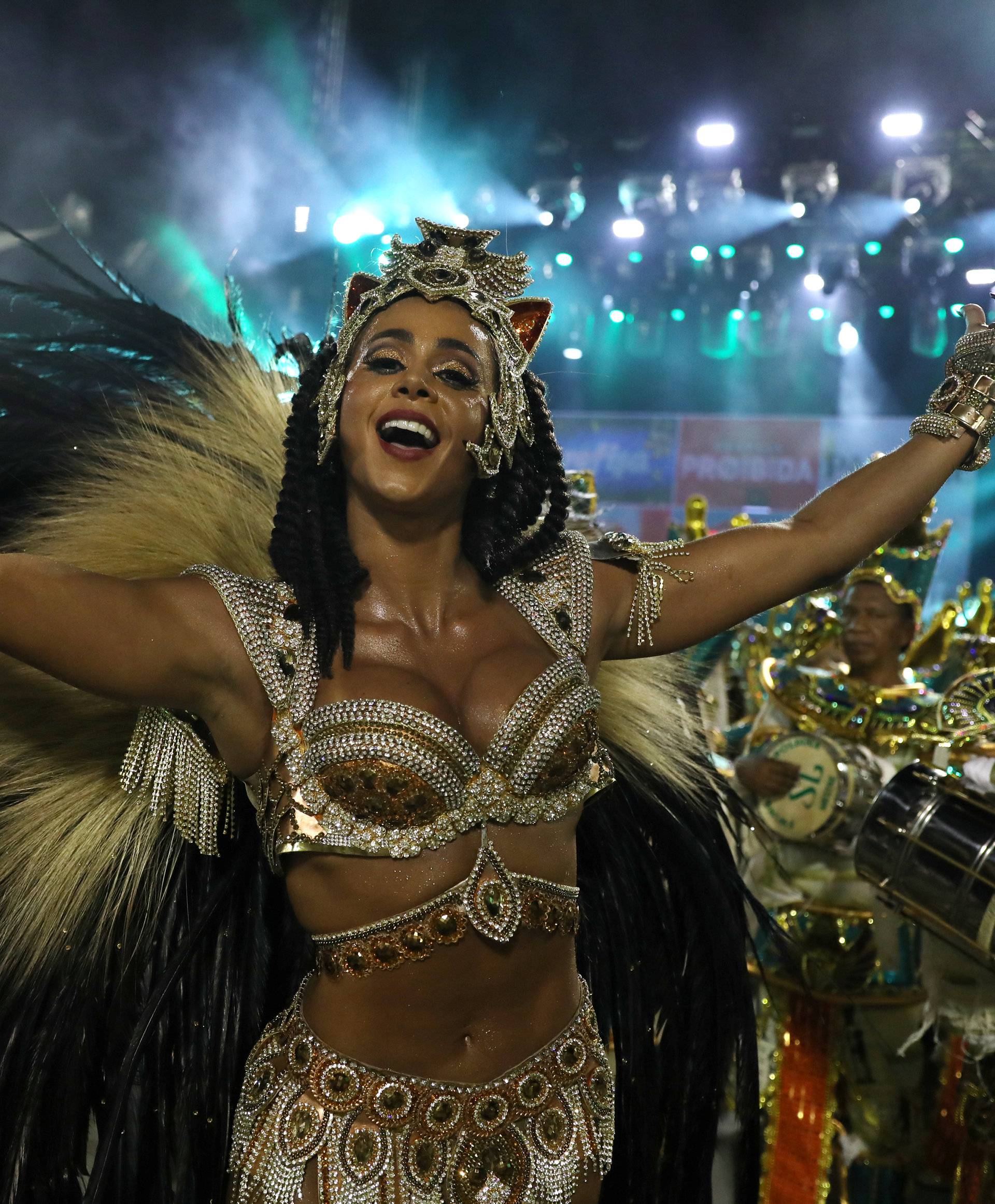 Drum queen Flavia Lyra from Imperatriz samba school performs during the second night of the Carnival parade at the Sambadrome in Rio de Janeiro