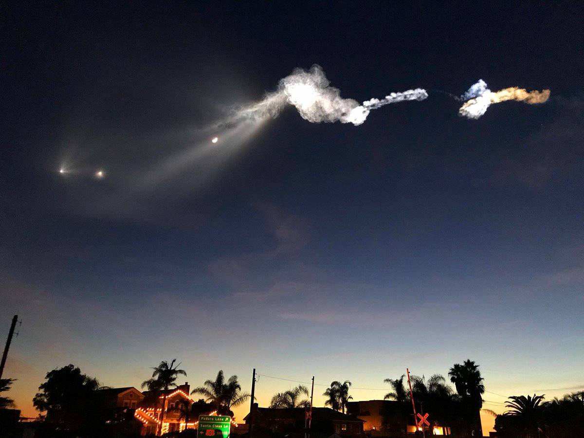 Handout photo of the twilight effect from a SpaceX Falcon 9 rocket launched from Vandenberg Air Force Base carrying 10 Iridium voice and data relay satellites is shown in a view from US Highway 101 and Padaro Lane in Carpinteria