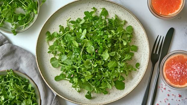 Fresh Salad Featuring Grapefruit and Arugula Served on a White Plate During a Bright Afternoon