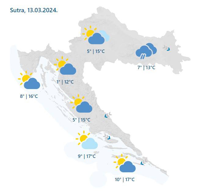 Na istoku zemlje  i dalje kiša, u ostatku Hrvatske sunčano. Zbog bure su aktivirali meteoalarm