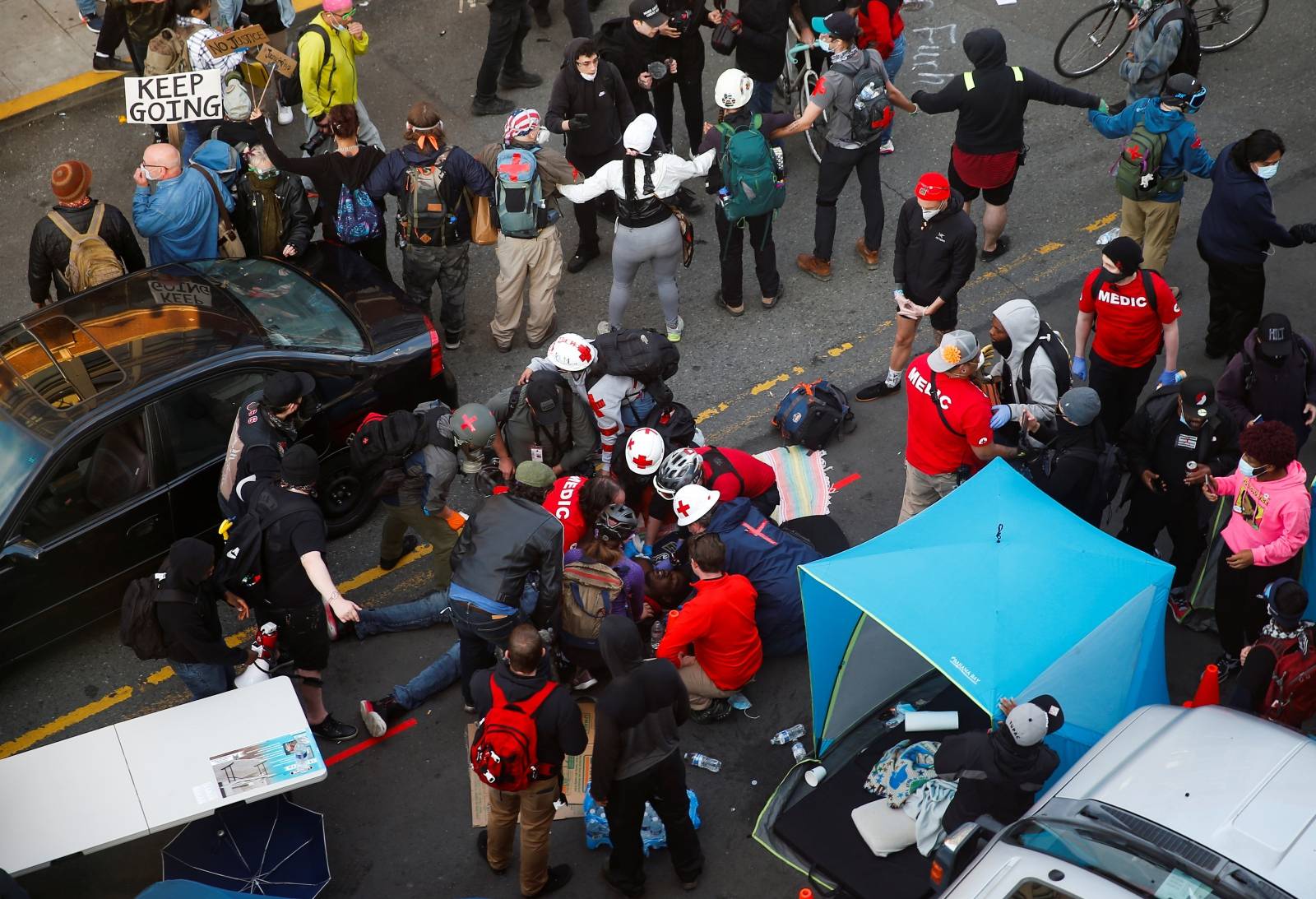 Protest against racial inequality in the aftermath of the death in Minneapolis police custody of George Floyd, in Seattle