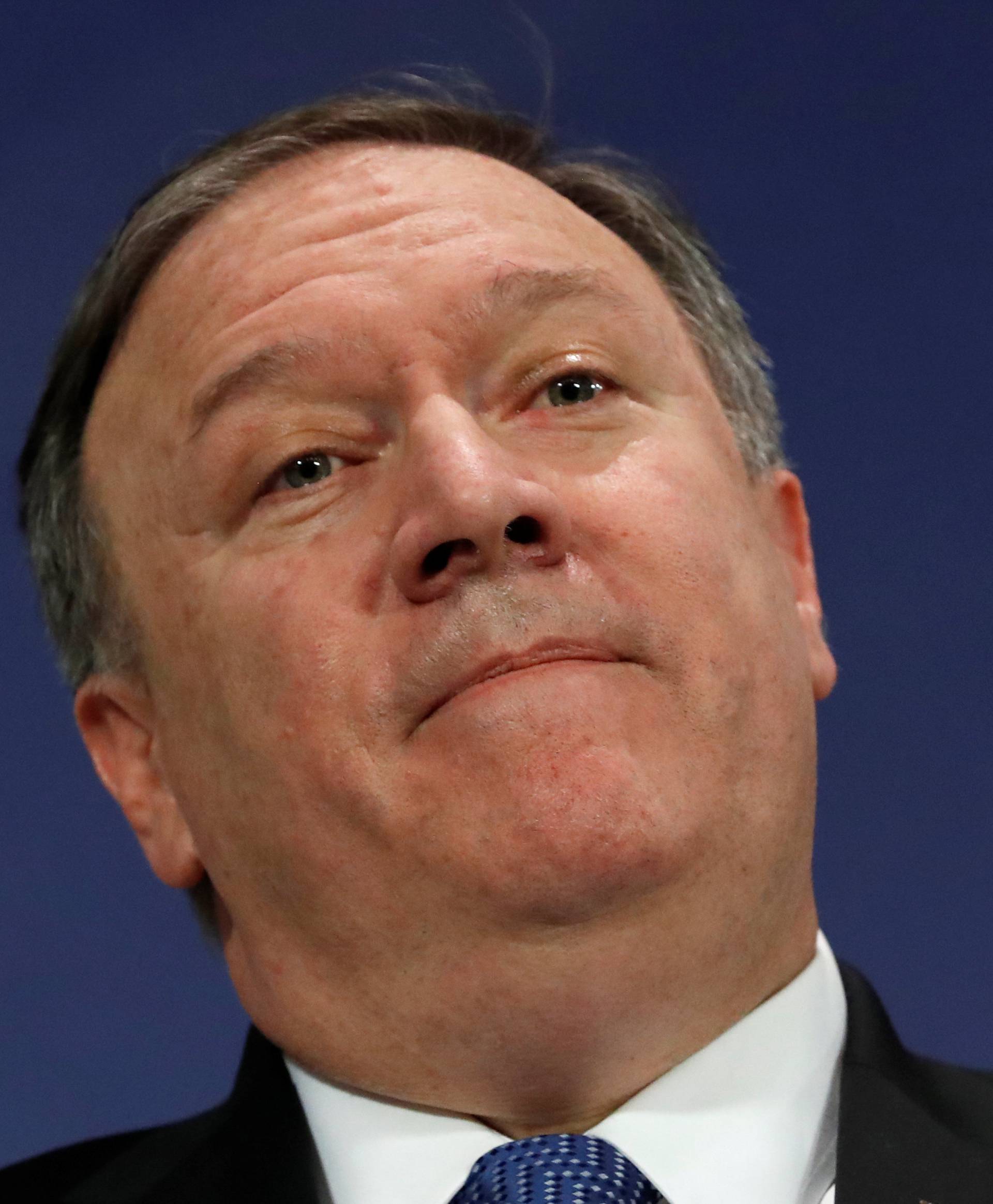 U.S. Secretary of State Mike Pompeo attends a news conference at the Allianceâs headquarters, in Brussels