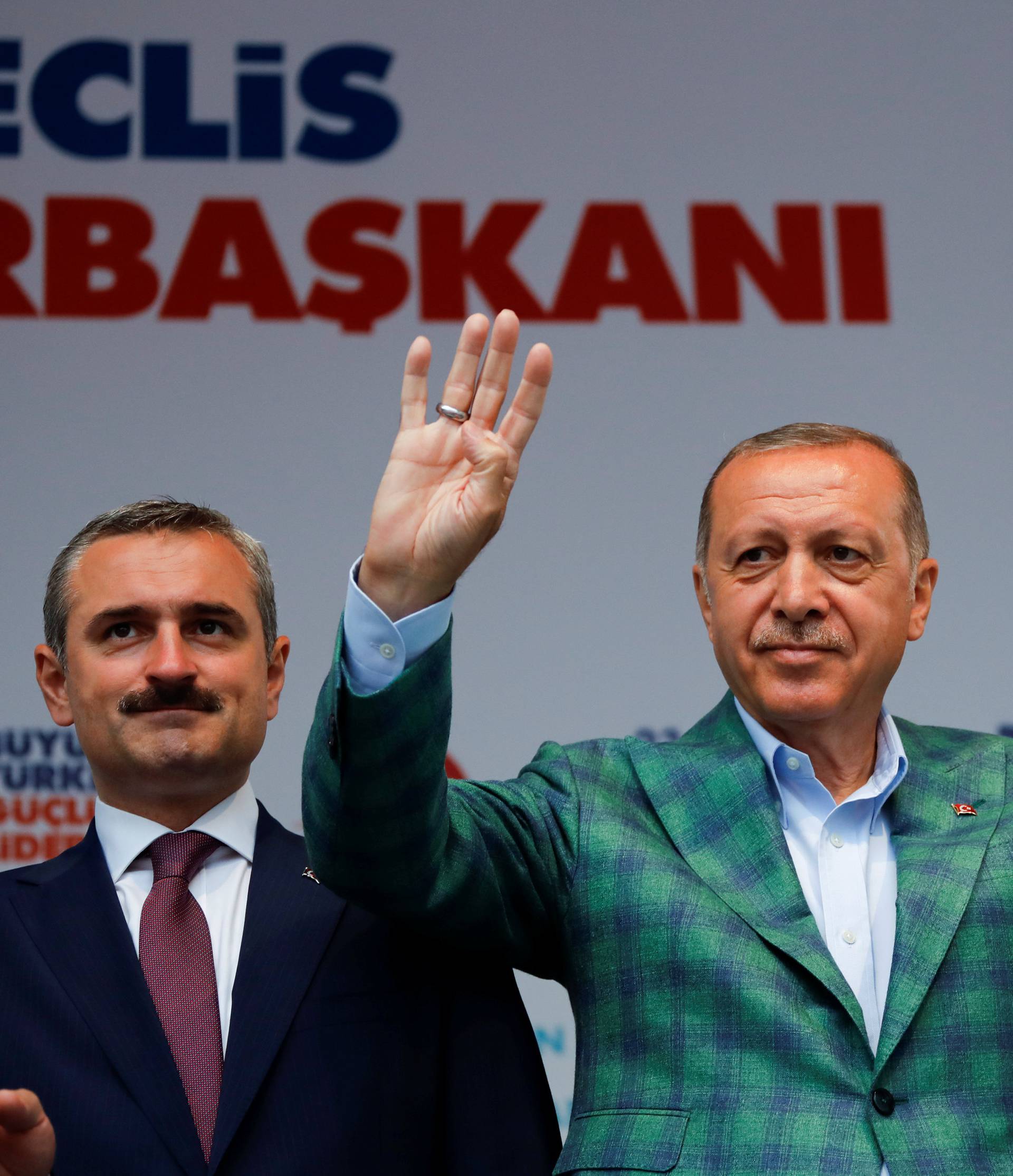 Turkish President Tayyip Erdogan gestures during an election rally in Istanbul