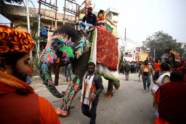The arrival of the members of an akhara or sect of sadhus for the upcoming "Maha Kumbh Mela" in Prayagraj
