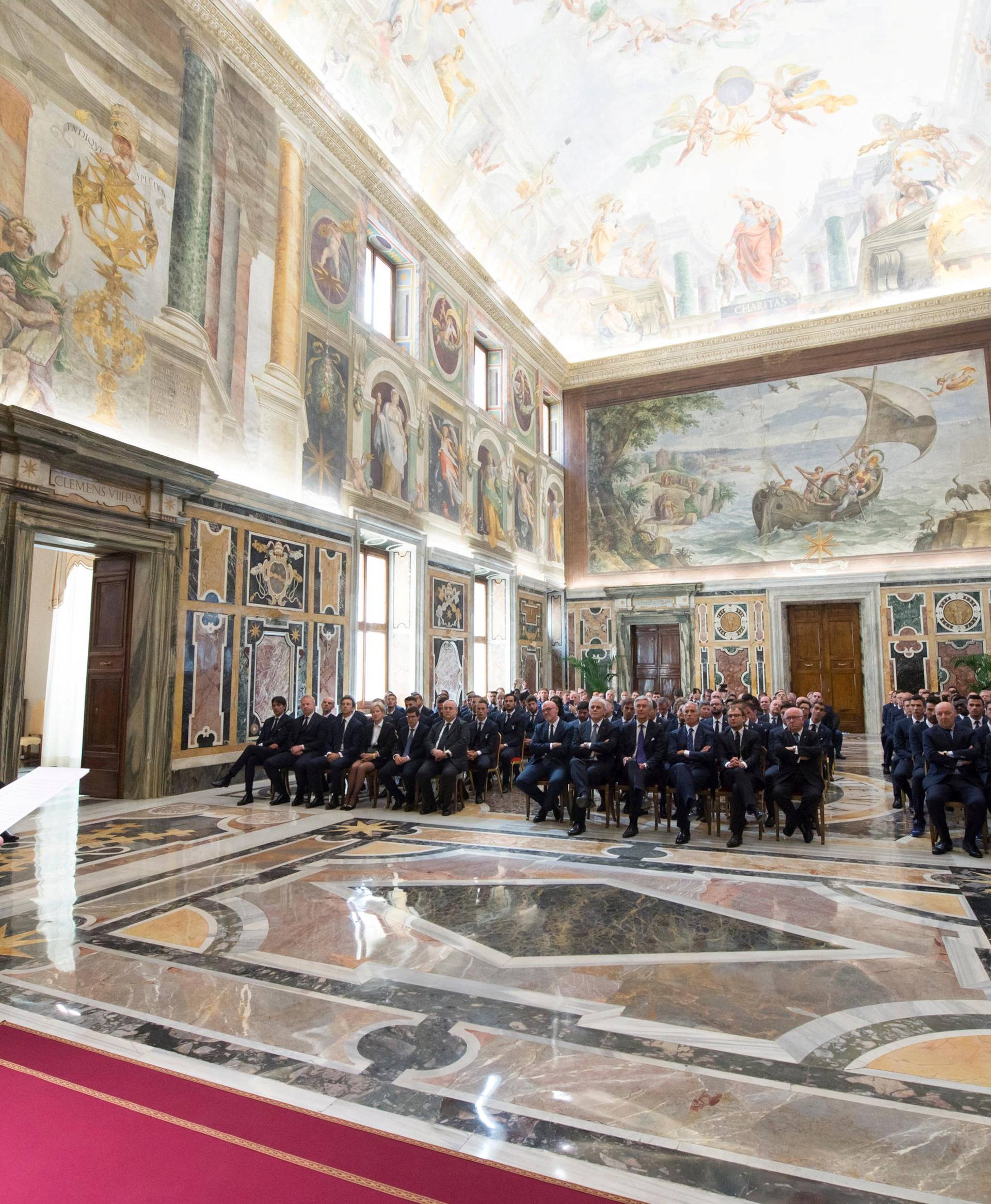 Pope Francis speaks to Lazio and Juventus soccer teams during a private audience at the Vatican
