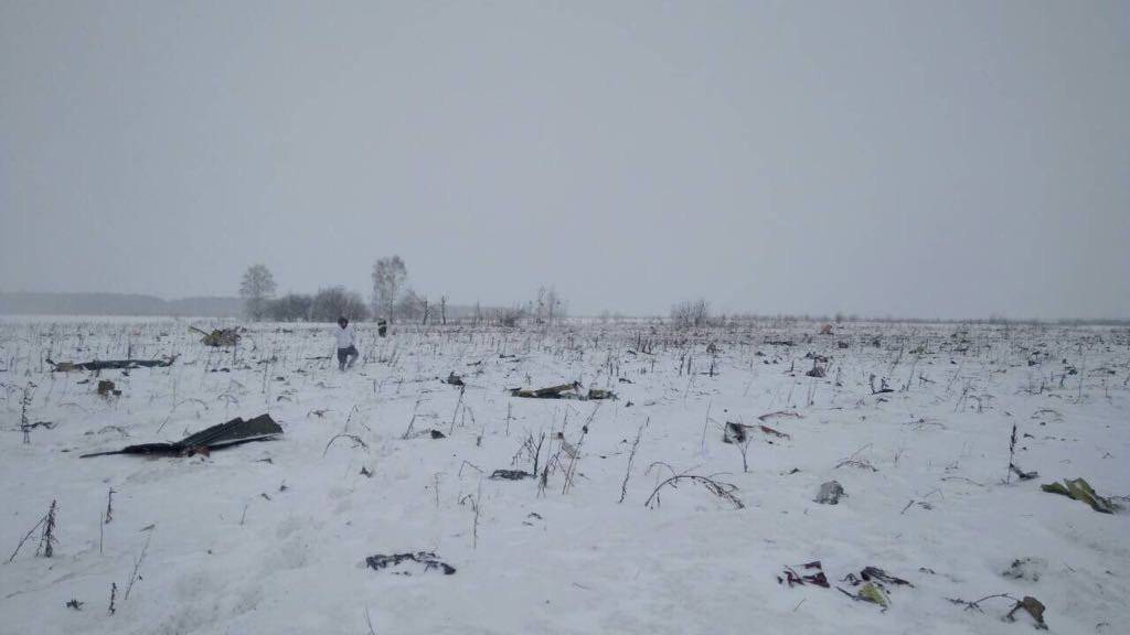 A view shows a scene where a short-haul regional Antonov AN-148 crashed after taking off from Moscow's Domodedovo airport, outside Moscow