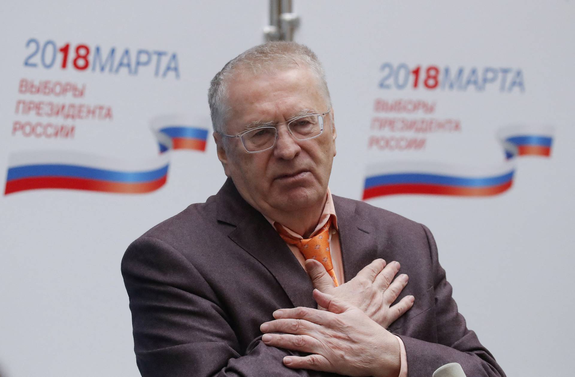 FILE PHOTO: Presidential candidate Zhirinovsky addresses the media at the headquarters of the Russian Central Election Commission in Moscow