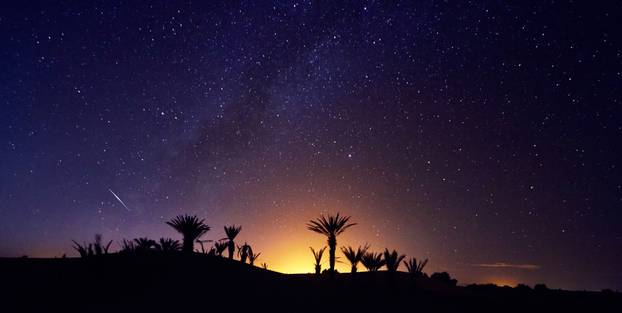 Morocco,Sahara,Desert,Starry,Night,Sky,Over,The,Oasis.,Traveling