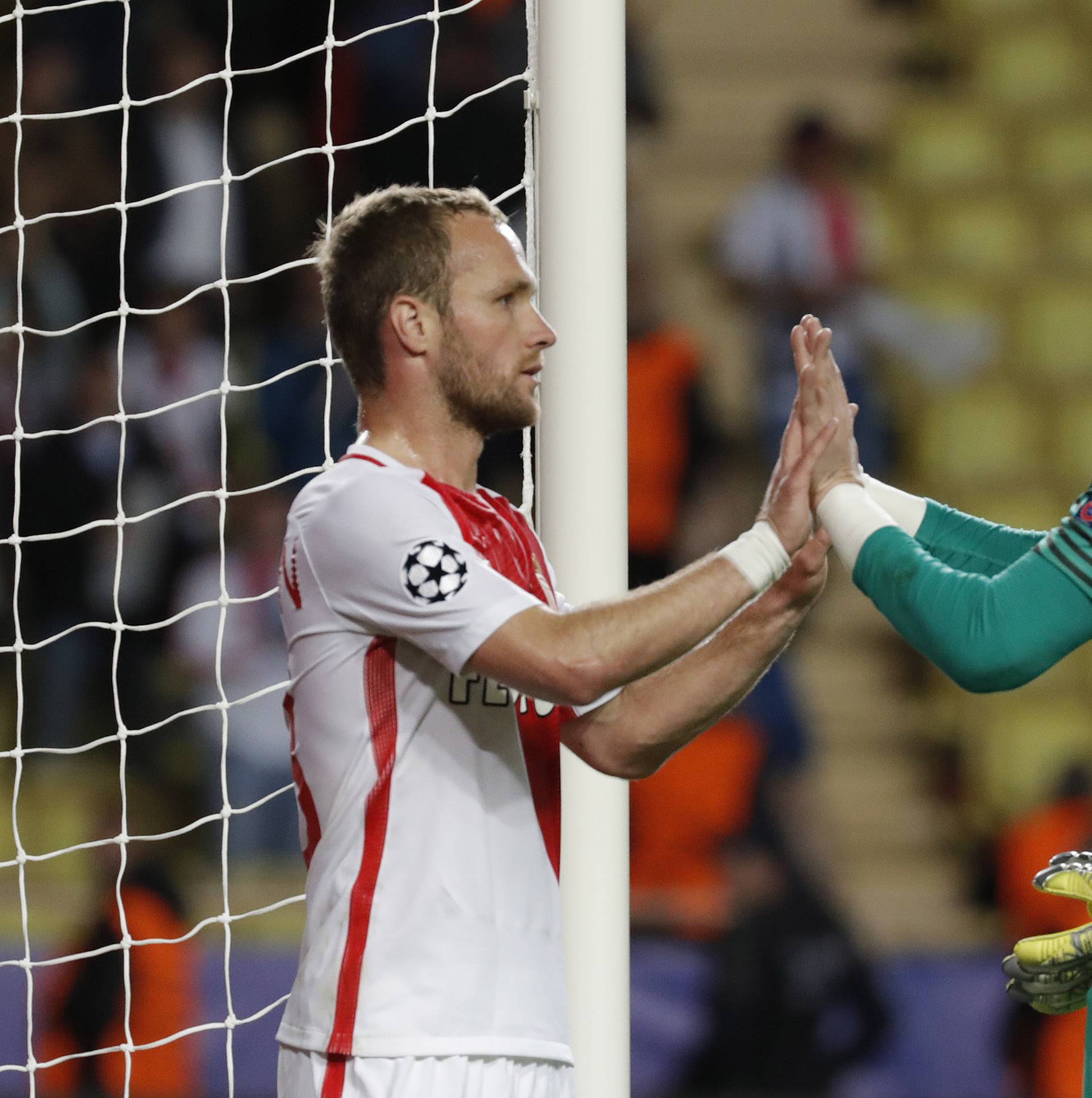 Monaco's Danijel Subasic and Valere Germain at the end of the match