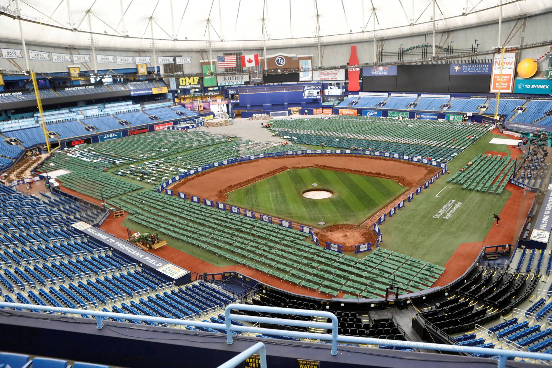 Tropicana Field opens a staging site for workers and operations before the arrival of Hurricane Milton, in St. Petersburg