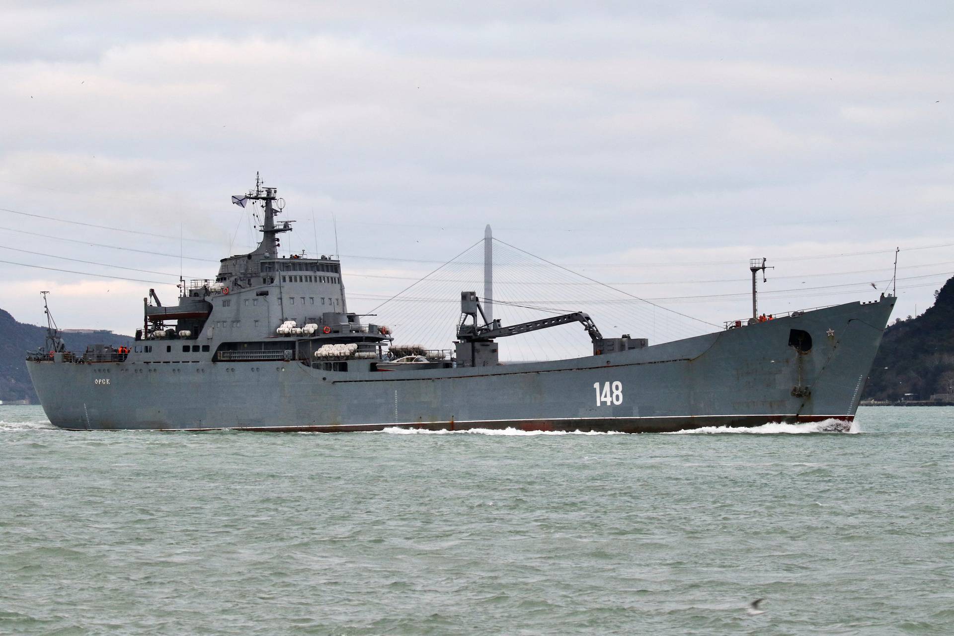 The Russian Navy's large landing ship Orsk sails in Istanbul's Bosphorus