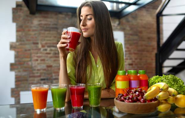 Fitness Food, Nutrition. Healthy Eating Woman Drinking Smoothie