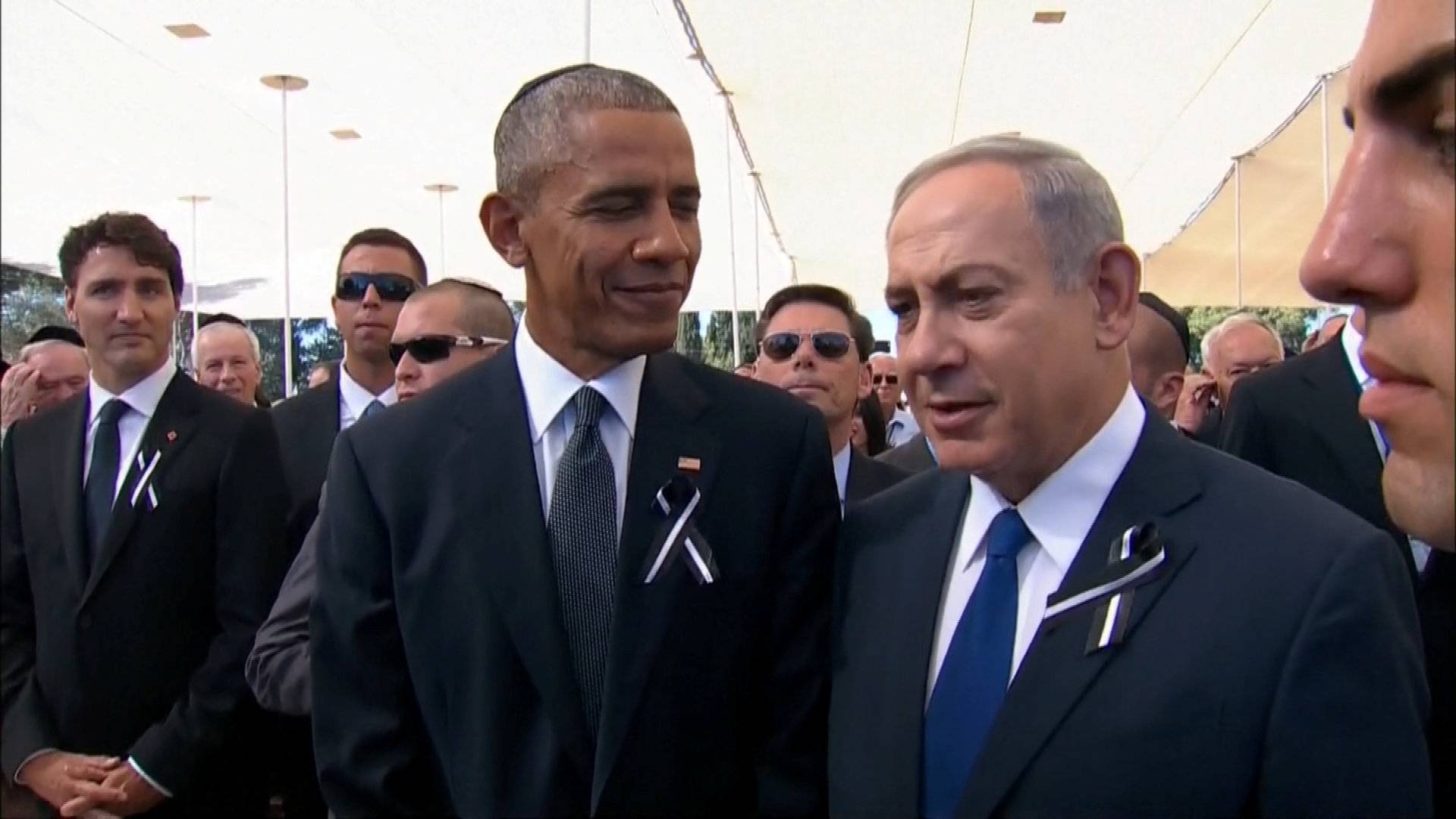 Still image taken from video shows Israel's PM Netanyahu and U.S. President Obama attending funeral of former Israeli President Shimon Peres in Jerusalem