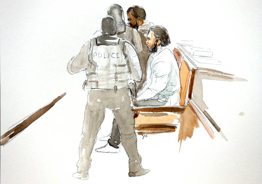 A court artist drawing shows Salah Abdeslam, one of the suspects in the 2015 Islamic State attacks in Paris, in court during his trial in Brussels