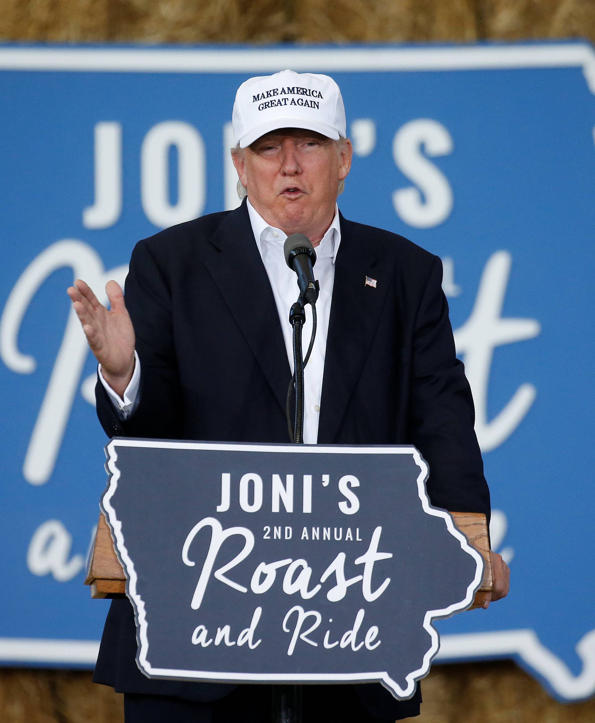 Republican nominee Donald Trump speaks at "Joni's Roast and Ride" in Des Moines,